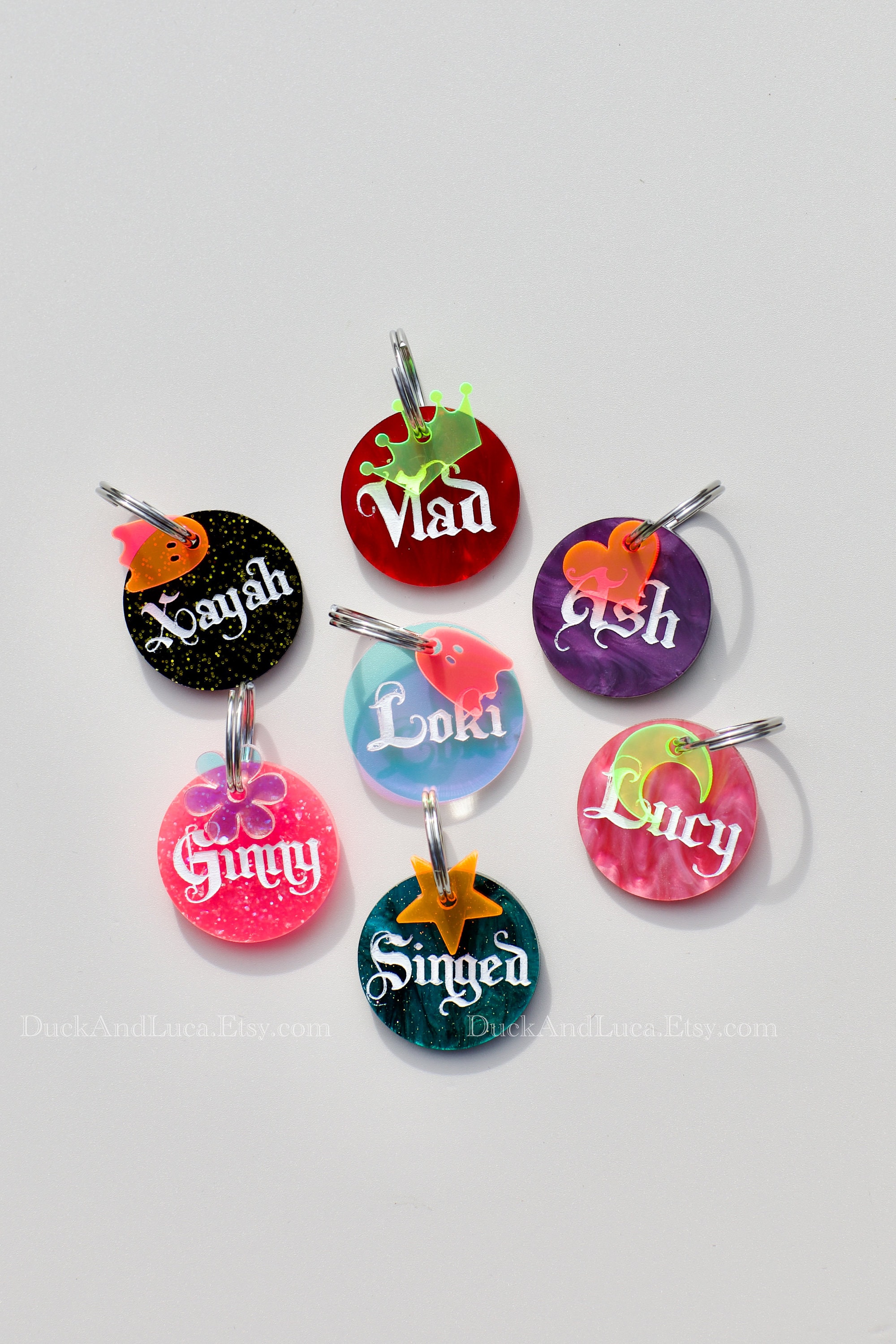 Custom Pet ID Tag: Gothic Acrylic Dog Cat Tag with Charm