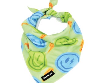 Neon Lime Dog Bandana: Happy Face Soft Tie On Collar