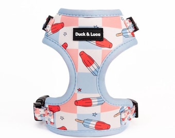 Puede incluir: Un arnés para perro azul y rosa con un patrón a cuadros y un estampado de polos rojos, blancos y azules. El arnés tiene una etiqueta negra que dice "Duck & Luca".