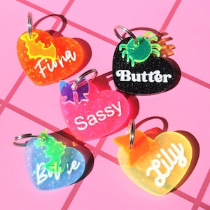 Custom Heart Pet ID Tag: Glitter Acrylic Keychain, Vibrant Colors