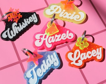 Personalized Glitter Pet Tag: Retro Groovy Acrylic Dog Cat ID