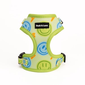 Adjustable Dog Harness - Neon Lime Happy Face