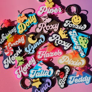 Personalized Glitter Pet Tag: Retro Groovy Acrylic Dog Cat ID