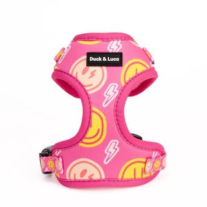 Adjustable Dog Harness - Neon Pink Happy Face