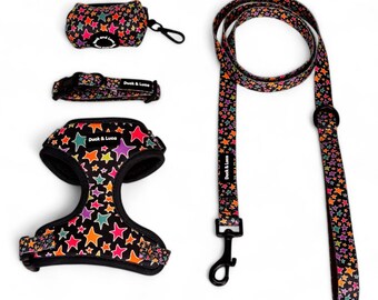 Funky Stars Dog Harness Set: Adjustable Collar, Leash & Poop Bag