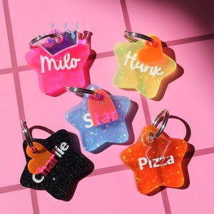 Custom Star Pet ID Tag: Glitter Acrylic Personalized Dog Cat Keychain
