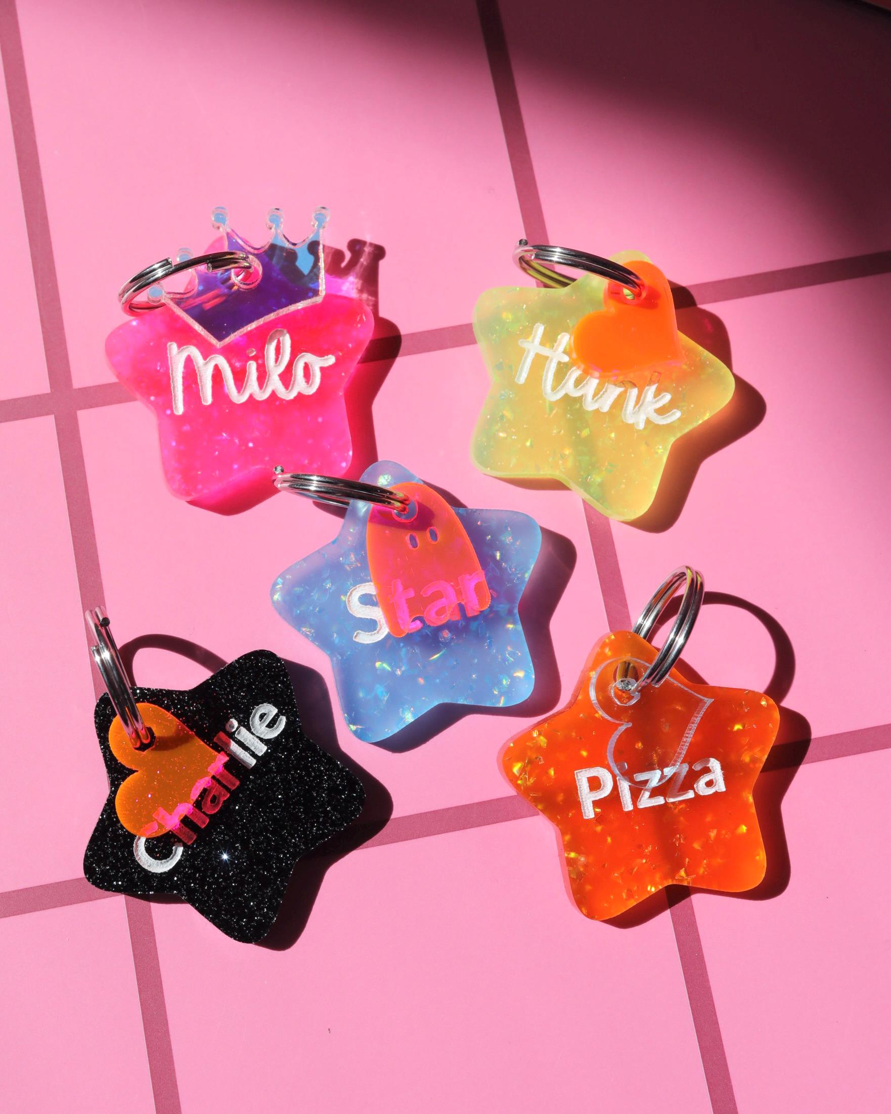 Custom Star Pet ID Tag: Glitter Acrylic Personalized Dog Cat Keychain