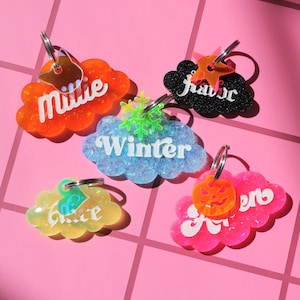 Custom Cloud Pet ID Tag: Glitter Acrylic Keychain, Personalized Dog Cat Tag