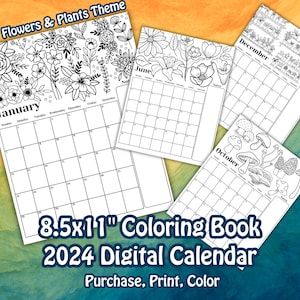 Printable Coloring Calendar, Calendar 2024 Digital Download, Blank Calendar Printable, Kid Calendar Printable, Monthly Coloring Pages PNG