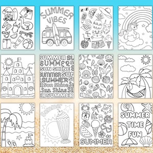 以下が含まれることがあります： 夏をテーマにした白黒の塗り絵9枚。ページには、ビーチの風景、砂のお城、ユニコーン、ヤシの木、ビーチパラソル、パイナップル、サーフボード、アイスクリームコーン、ビーチボールの画像が含まれています。