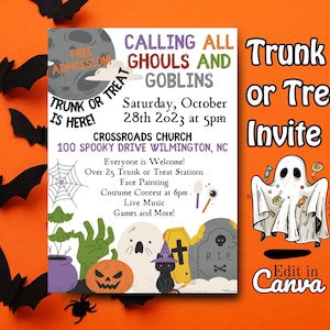 Trunk or Treat Flyer, Editable Trunk or Treat Invite, Halloween Invite, Canva Template, Fall Festival Invite, Trunk or Treat Flyer Editable