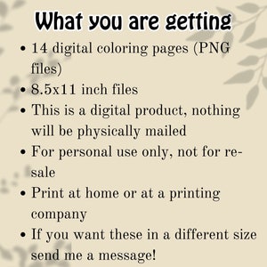 May include: A list of information about a digital product, including the number of pages, file size, and usage restrictions. The text reads "What you are getting: 14 digital coloring pages (PNG files) 8.5x11 inch files This is a digital product, nothing will be physically mailed For personal use only, not for re-sale Print at home or at a printing company If you want these in a different size send me a message!"