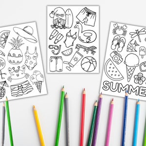 以下が含まれることがあります： 夏をテーマにしたイラストが描かれた、白黒の印刷可能な塗り絵3枚。ページには、フラミンゴ、パイナップル、サングラス、アイスクリーム、スイカ、カニ、ヒトデ、カメラ、ビーチパラソル、サーフボード、ライフセーバー、そして「SUMMER」という言葉が描かれています。