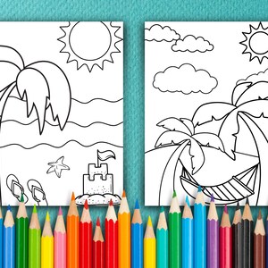 以下が含まれることがあります： ビーチのシーンを描いた白黒の塗り絵2枚。1枚目はヤシの木、砂のお城、ヒトデが描かれている。2枚目はヤシの木2本とハンモックが描かれている。