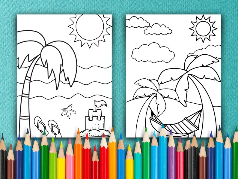 以下が含まれることがあります： ビーチのシーンを描いた白黒の塗り絵2枚。1枚目はヤシの木、砂のお城、ヒトデが描かれている。2枚目はヤシの木2本とハンモックが描かれている。