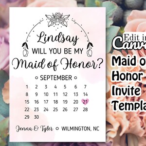 Maid of Honor Invite, Bridesmaid Invite, Maid of Honor Card, Maid of Honor Gift, Wedding Invite, Canva Template, Bridal Proposal Card, Bride