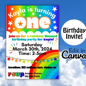 Regenbogen-Geburtstags-Einladung, Regenbogen-Party, bearbeitbare Regenbogen-Geburtstags-Einladung, Canva-Vorlage, bunte Party, 1. Geburtstag, Ihr Geburtstag