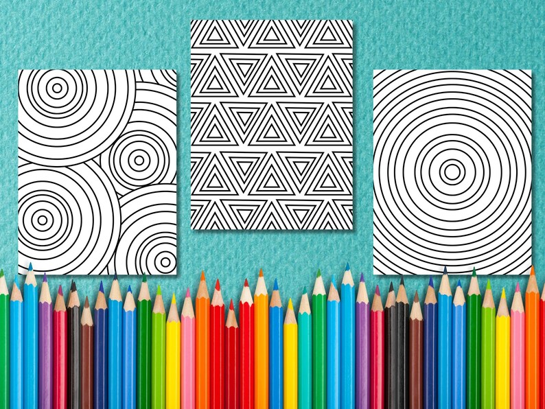 May include: Three black and white coloring pages with geometric patterns. The first page features a pattern of overlapping circles. The second page features a pattern of triangles. The third page features a pattern of concentric circles. A row of colored pencils is at the bottom of the image.
