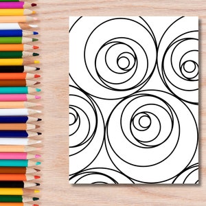 May include: A black and white coloring page with a pattern of concentric circles.