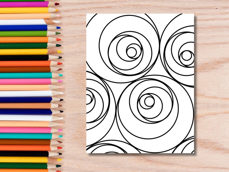 May include: A black and white coloring page with a pattern of concentric circles.