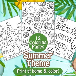 以下が含まれることがあります： 夏のテーマの白黒塗り絵12枚セット。ページには、砂のお城、貝殻、傘、そして「Summer Time Fun」の文字が描かれています。