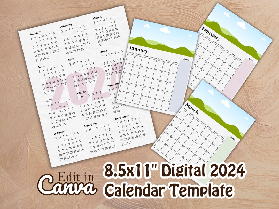 Calendar 2024 Digital Download, 2024 Calendar Template, Digital