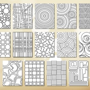May include: A set of 15 black and white printable coloring pages featuring geometric patterns. The patterns include circles, squares, triangles, stars, and other abstract shapes.