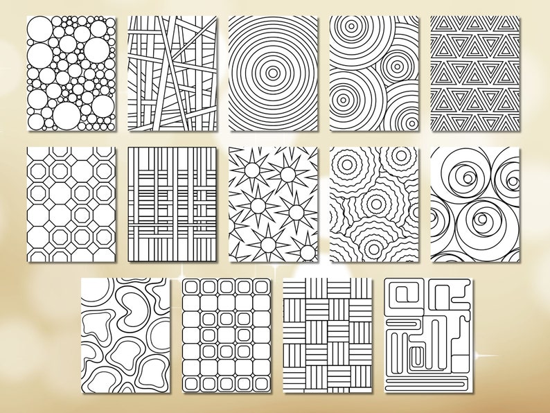 May include: A set of 15 black and white printable coloring pages featuring geometric patterns. The patterns include circles, squares, triangles, stars, and other abstract shapes.