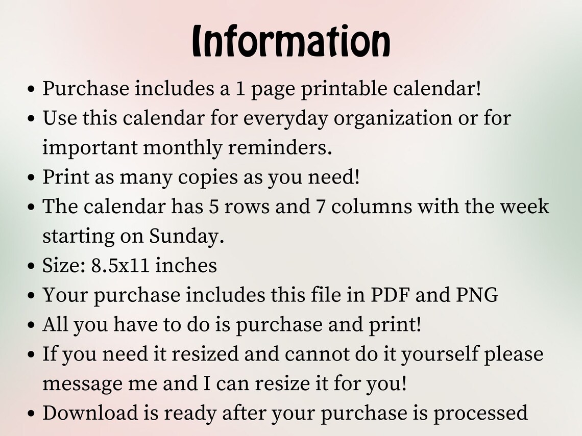 Blank Calendar Printable Print at Home Monthly Blank - Etsy