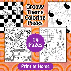 Groovy Coloring Pages, Disco Themed Art, 70s Coloring Sheet, Disco Art, Mushroom Sheet, Coloring Pages for Kids, Retro Coloring, Set of 14