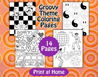 Groovy Coloring Pages, Disco Themed Art, 70s Coloring Sheet, Disco Art, Mushroom Sheet, Coloring Pages for Kids, Retro Coloring, Set of 14
