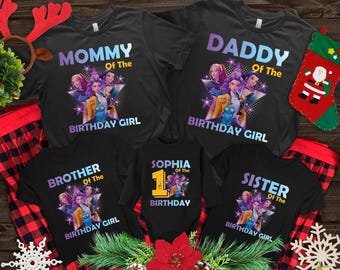 May include: Black t-shirts and a onesie with a colorful graphic featuring a group of animated characters. The shirts read "Mommy," "Daddy," "Brother," and "Sister" of the Birthday Girl. A onesie says "Sophia 1st Birthday."