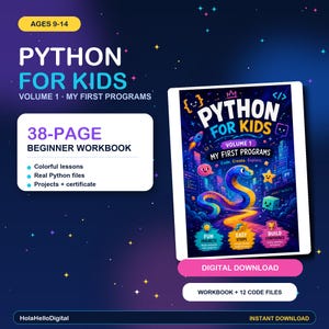 Cahier d'exercices de programmation Python pour enfants de 9 à 14 ans : cours débutant de 38 pages avec fichiers sources