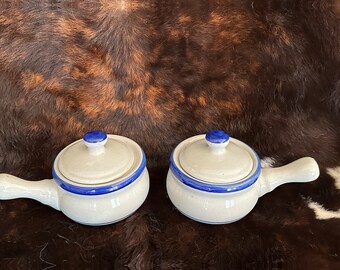 Blue Trim Handled Stoneware Soup Crocs Bowl