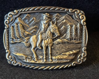 Vintage Brass Belt Buckle, Cowboy on Horse, Western Theme