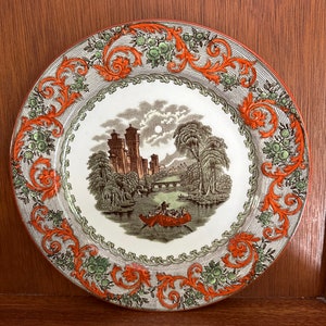 Antique Lake Garden Scenery Brown TransferWare Plate Royal Doulton Hand Colored