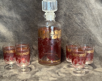 French Luminarc Gold and Red Grape/Leaf Design Cordial Glass & Decanter Set
