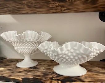 Vintage Milk Glass Ruffled Pedestal Bowls. one is 7 x 9 and other is 5 x 10. Beautiful condition!