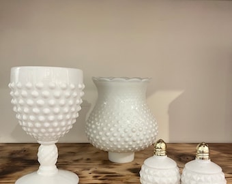 White Glass Milk Items: Oil Lamp Shade, Wine Goblet and Salt n Pepper shakers