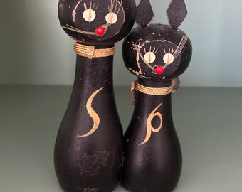 Porta sale e pepe magnetici per gatti in legno vintage