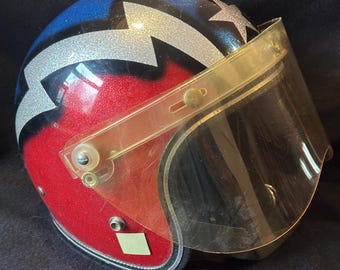 Casco da moto LSI 4200 Metal Flake Rosso Argento Blu Stelle Fulmine Vintage
