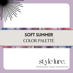 May include: A colour palette for the Soft Summer colour season. The palette features a variety of muted, cool colours, including blues, greens, pinks, and purples. The text "Soft Summer Color Palette" is displayed at the top of the image. The text "style lure. Professional Image Consultation" is displayed at the bottom of the image.