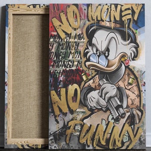 Gangster Dagobert Duck canvaskunst, geen geld - geen grappig, komische cartoon portret kunst aan de muur, popart, poster print, ingelijst decor, klaar om op te hangen