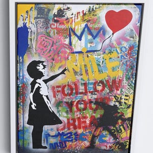 Pintura de Banksy de una chica con globo rojo, arte mural, estilo pop Banksy, impresión en lienzo de alta calidad, caricatura, grafiti callejero, listo para colgar.