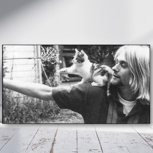 Lienzo de Kurt Cobain con su gato, blanco y negro, fotografía vintage, impresión artística, decoración de pared musical, regalo para amantes del rock, listo para colgar.