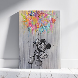 Mickey Mouse con globos arte de pared, arte pop estilo Banksy, impresión de lienzo de alta calidad, obras de arte de dibujos animados, arte de graffiti callejero, tapices de pared