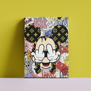 Arte de pared con grafiti de Banksy de Mickey Mouse, huella del dedo medio, lienzo con grafiti de dibujos animados, grafiti pop art, regalo para él, listo para colgar