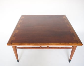 1960s MCM Lane Acclaim Square Coffee Table by Andre Bus - Vintage Mid Century Modern Solid Walnut Wood Table, Living Room Furniture