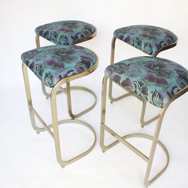 1980s Cantilever Milo Baughman Style Dining Stools for CalStyle (Set of 4) Vintage Bauhaus Postmodern Brass Cantilever Bar Stools