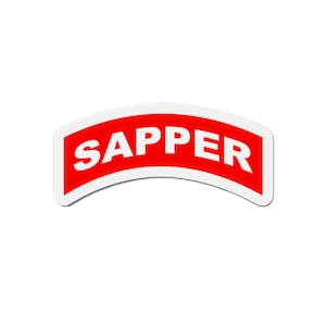 May include: A red and white curved patch with the word "SAPPER" in white letters.